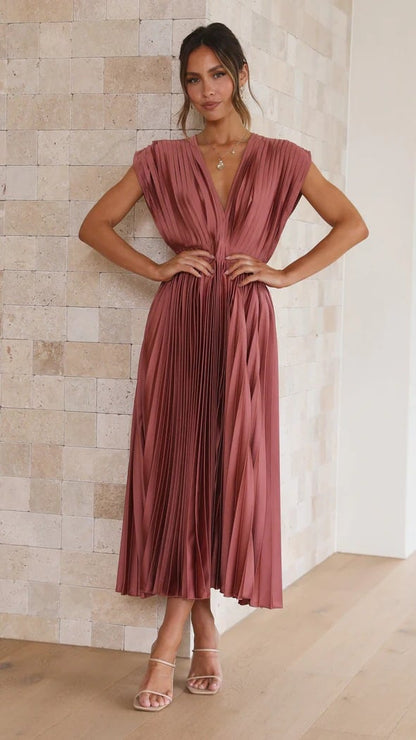 Elegant Pleated Midi Dress for Women with Deep V Neck Formal Wedding Guest Style