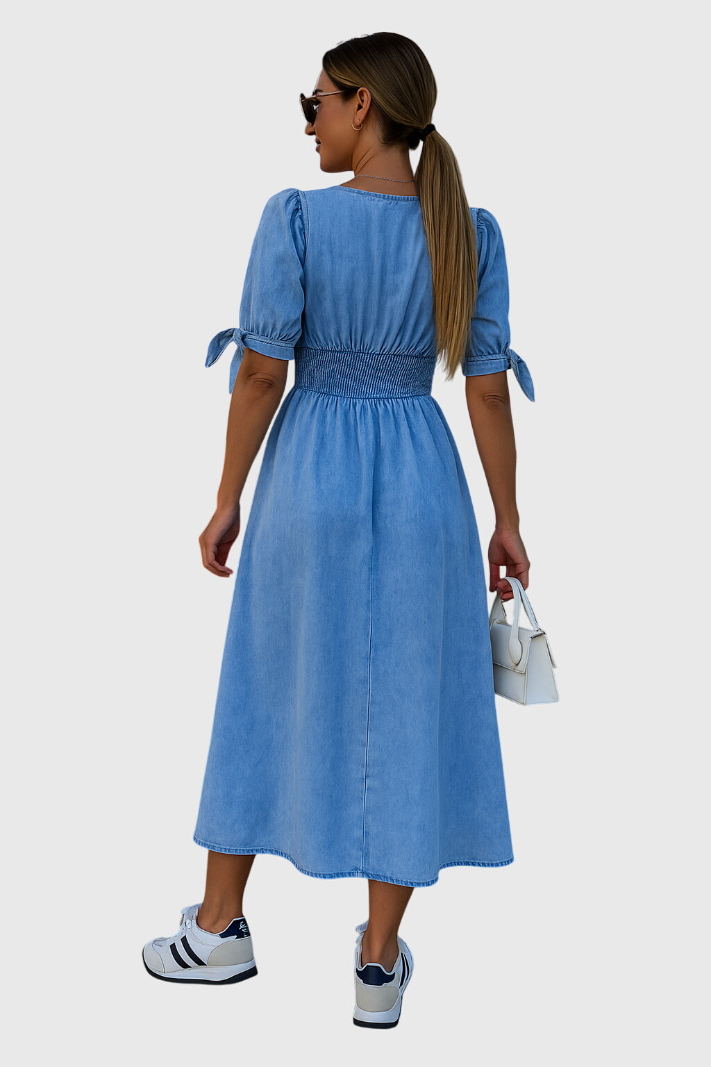 Effortless Denim Midi Dress for Women with V-Neck Button Front Tie Sleeve Casual Style