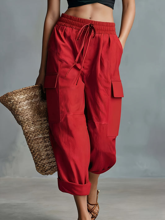 Effortless Red Cargo Pants for Women with Drawstring Waist Cropped Style