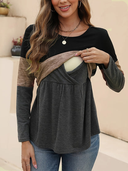 Comfortable Colorblock Maternity Top for Women with Round Neck Long Sleeve Nursing Wrap Peplum Casual Style