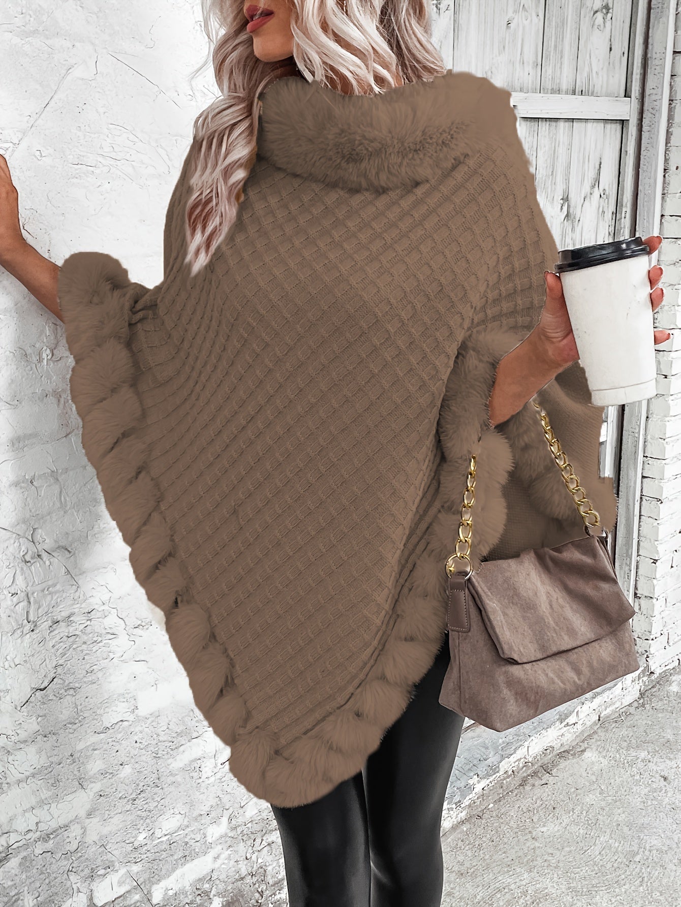 Comfortable Faux Fur Trim Poncho for Women with Turtleneck Batwing Sleeve Asymmetric Oversized Knit Style