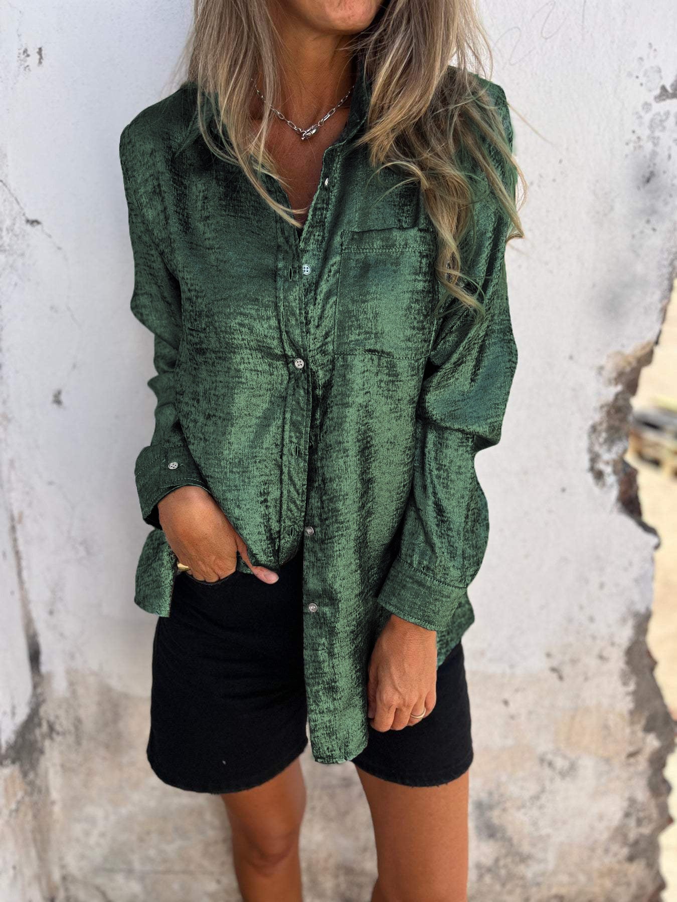 Elegant Metallic Textured Long Sleeve Shirt for Women with Collar Button Front Relaxed Style