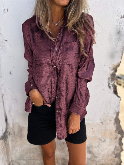 Elegant Metallic Textured Long Sleeve Shirt for Women with Collar Button Front Relaxed Style