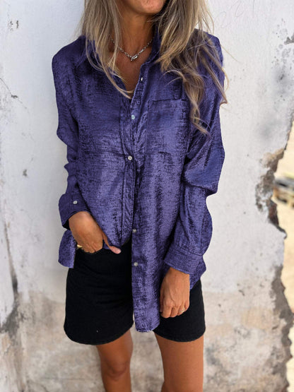 Elegant Metallic Textured Long Sleeve Shirt for Women with Collar Button Front Relaxed Style