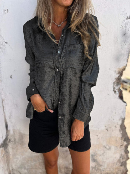 Elegant Metallic Textured Long Sleeve Shirt for Women with Collar Button Front Relaxed Style