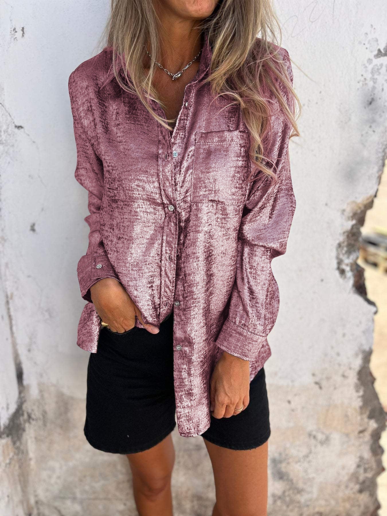 Elegant Metallic Textured Long Sleeve Shirt for Women with Collar Button Front Relaxed Style