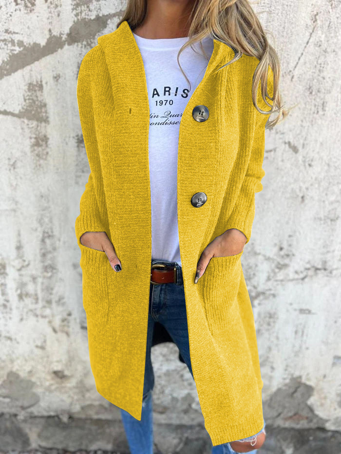 Cozy Long Knit Cardigan for Women with Hooded Neck Long Sleeve Button Front Duster Style