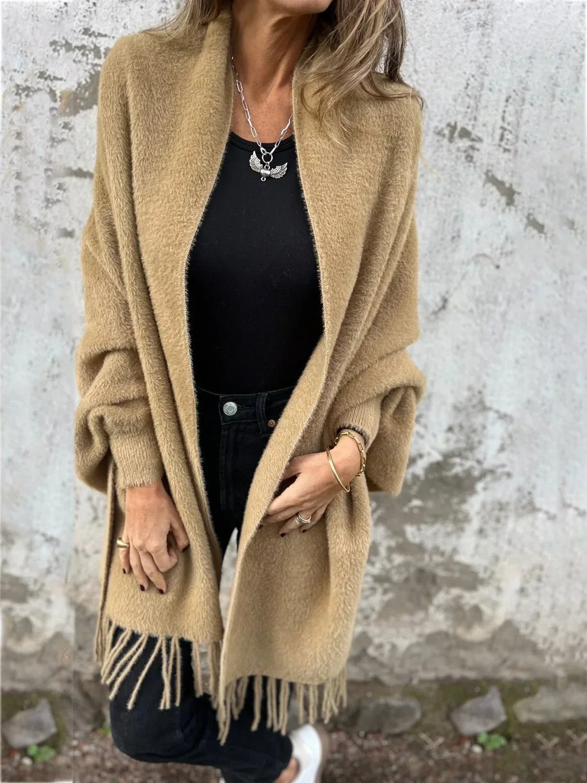 Cozy Fuzzy Knit Cardigan for Women with Open Front Long Sleeve Fringe Draped Relaxed Style