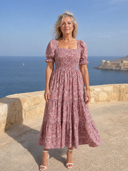 Effortless Floral Midi Dress for Women with Square Neck Puff Sleeve Smocked Bodice A Line Casual Style