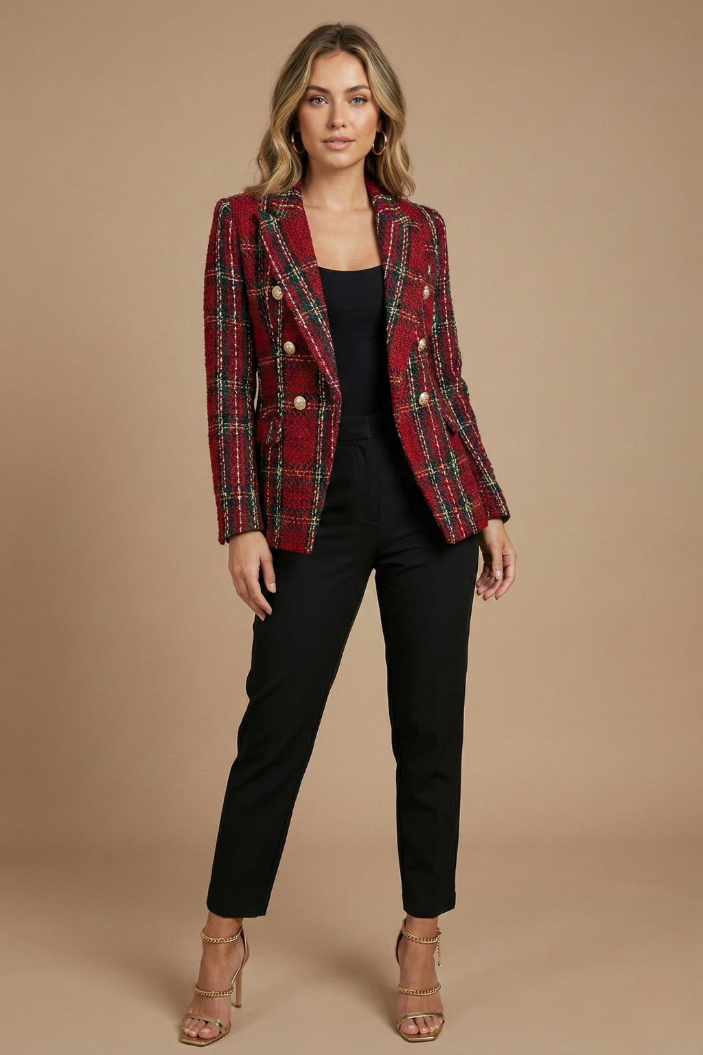 Elegant Notch Lapel Blazer for Women with Long Sleeve Button Front Tweed