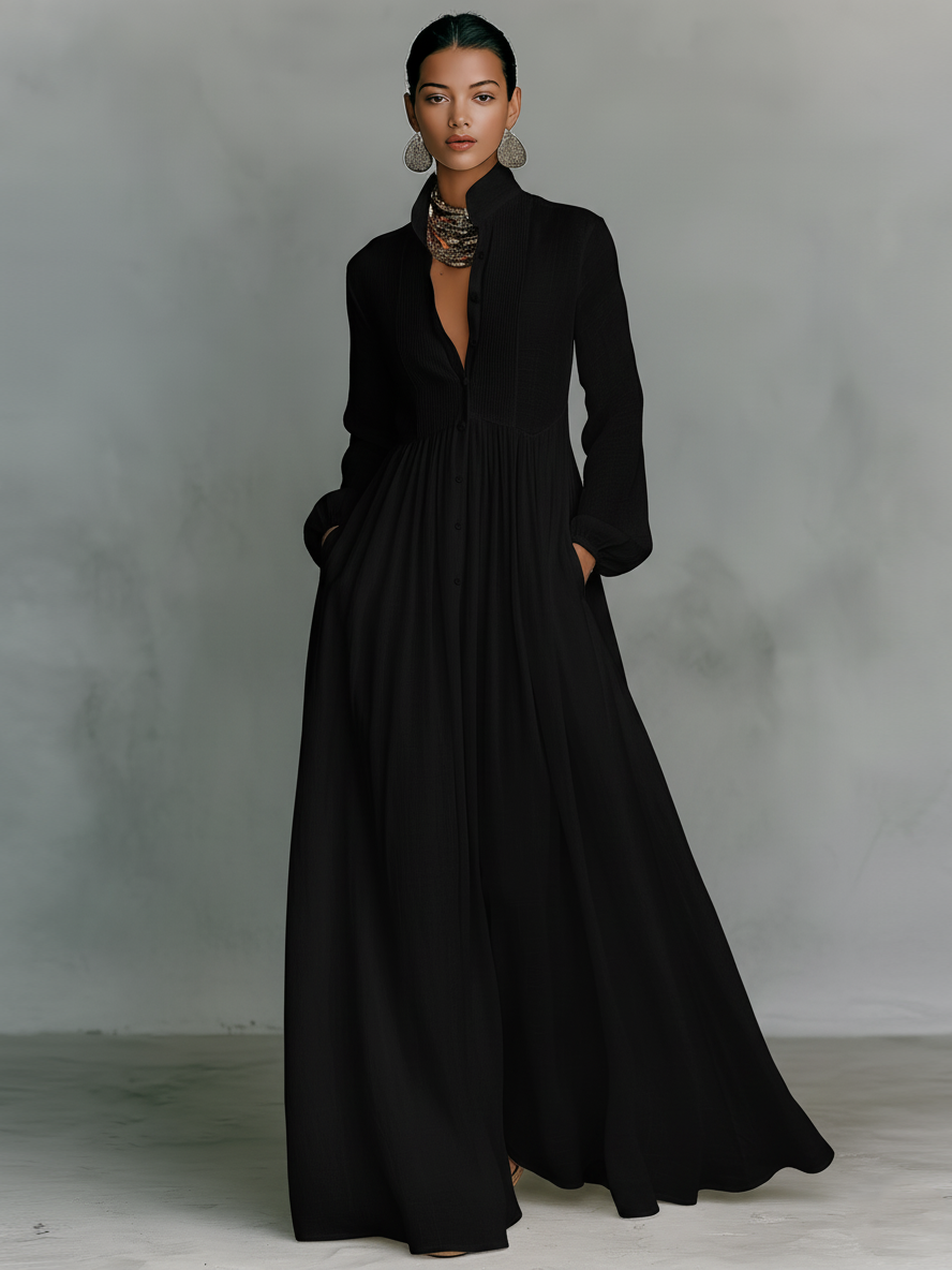 Effortless Linen Maxi Dress for Women with Stand Collar Button Front Long Sleeve Flowing Casual Style