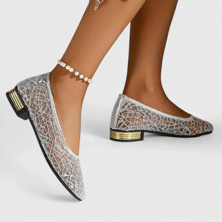 Elegant Lace Wedding Shoes for Women with Pointed Toe and Gold Heel Detail