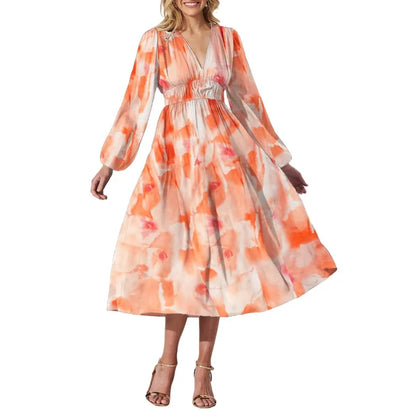 Effortless Floral Midi Dress for Women with V Neck Balloon Sleeve Smocked Waist Flowing Bohemian Style