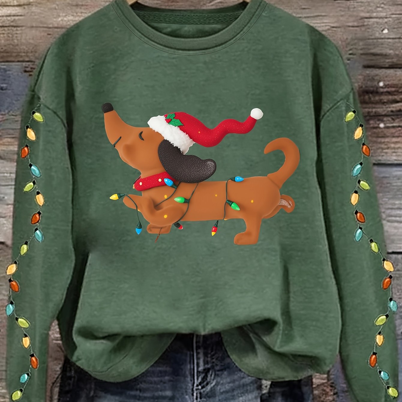 Comfortable Dachshund Santa Christmas Tacky Sweater for Women with Crew Neck Long Sleeve Relaxed Oversized Knit Style