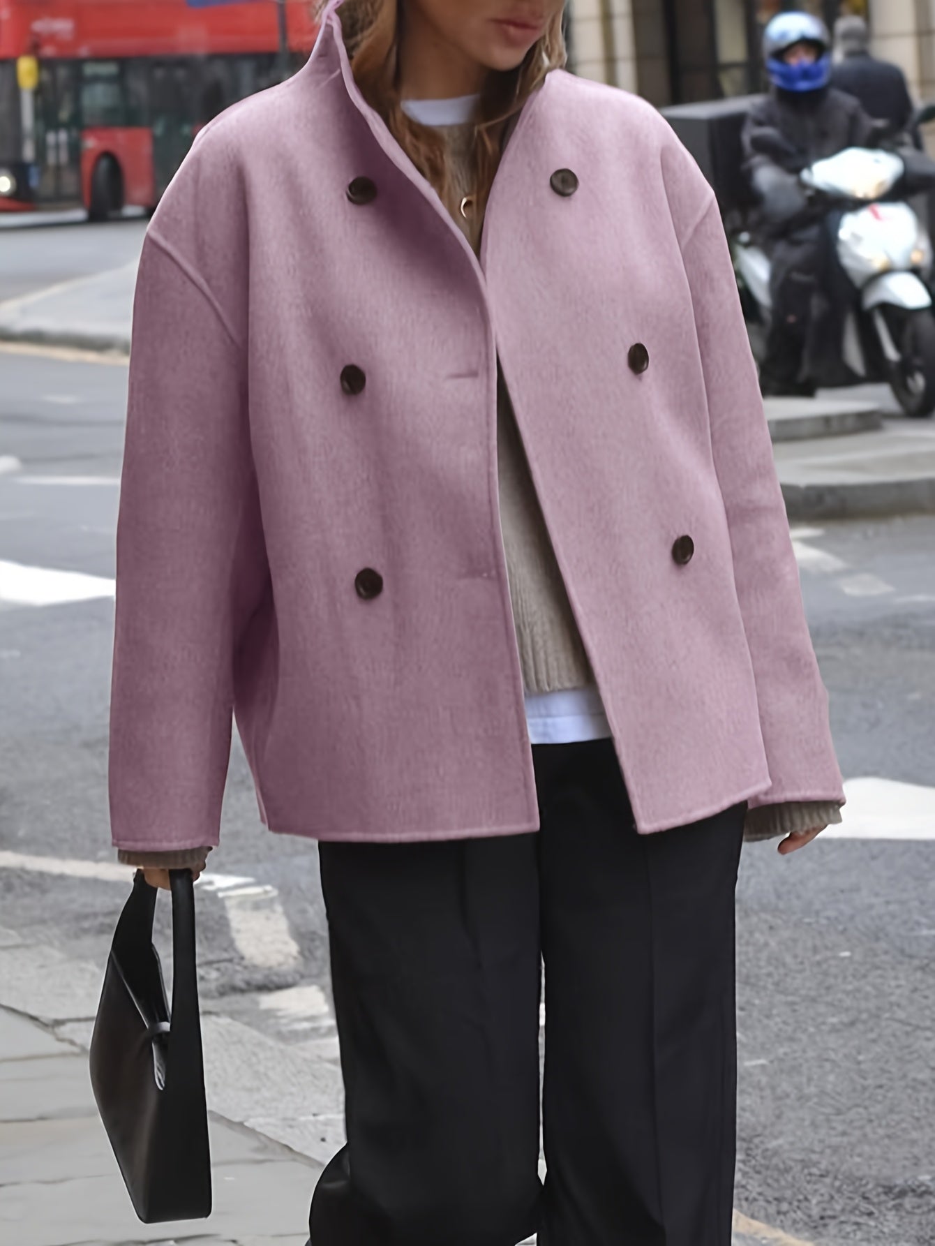 Effortless Wool Pea Coat for Women with Stand Collar Long Sleeve Double Breasted Oversized Casual Style