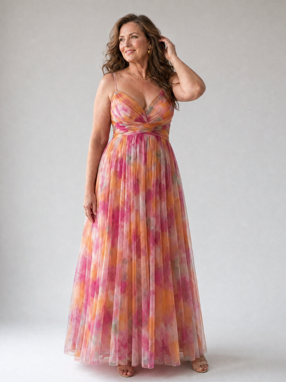 Elegant Floral Watercolor Purple Dress for Women with Sweetheart Neckline Spaghetti Strap Ruched Waist Flowing Wedding Guest Style