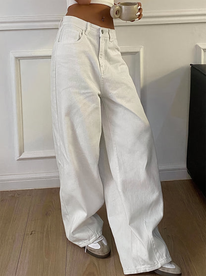 Effortless White Jeans for Women with High Waist Wide Leg Button Front Relaxed Style