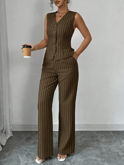 Elegant Grey Pinstripe Chino Pants Two Piece Set for Women with V Neck Button Front Vest Formal Style