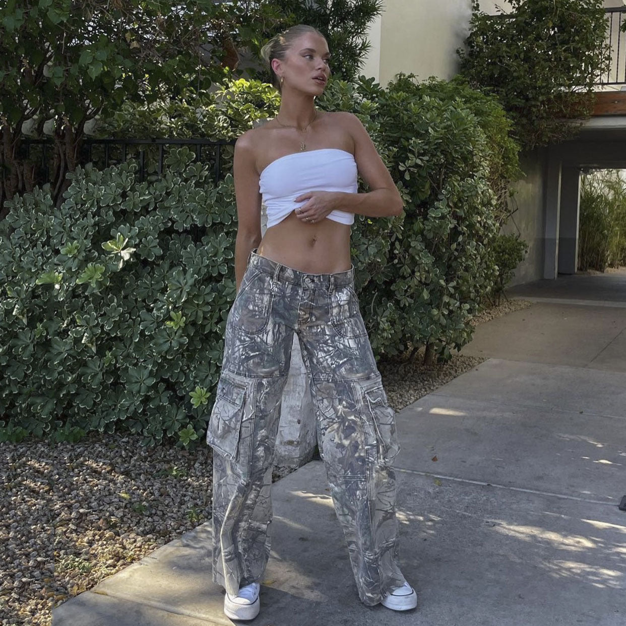 Effortless Camo Cargo Pants for Women with Low Rise Wide Leg Flap Pocket Relaxed Style