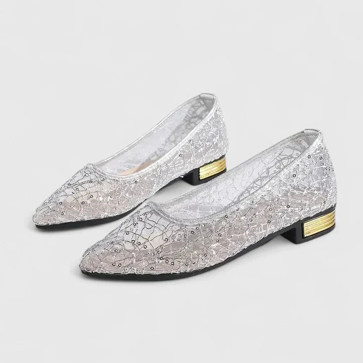 Elegant Lace Wedding Shoes for Women with Pointed Toe and Gold Heel Detail