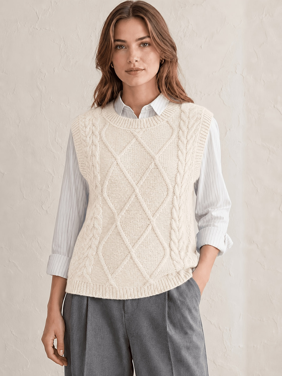 Cozy Cable Knit Sweater Vest for Women with Round Neck Sleeveless Diamond Relaxed Style