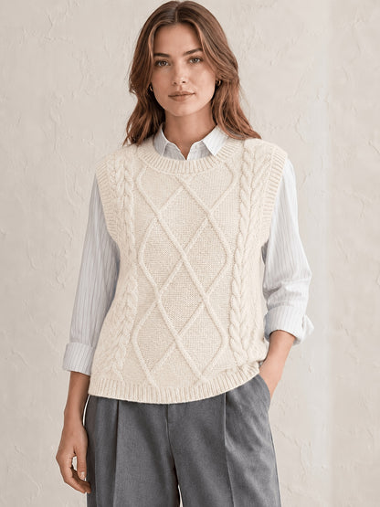 Cozy Cable Knit Sweater Vest for Women with Round Neck Sleeveless Diamond Relaxed Style