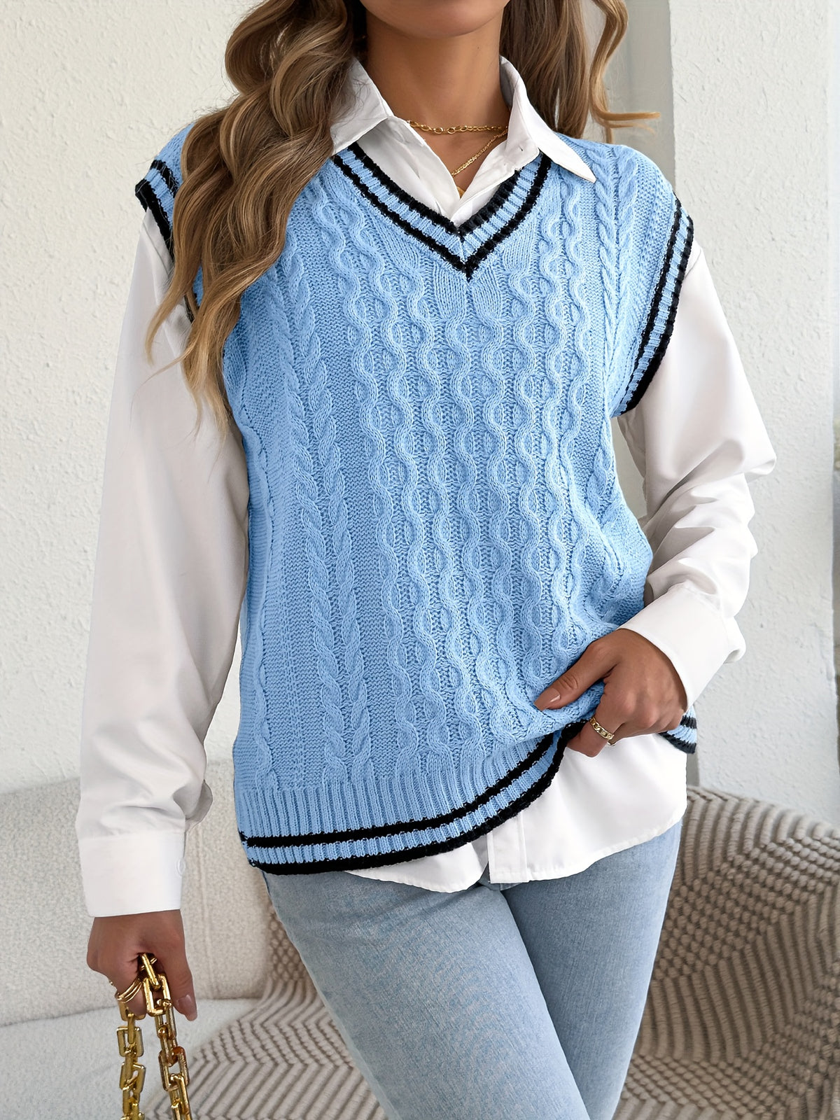 Chic Cable Knit Sweater Vest for Women with V Neck Sleeveless Varsity Stripe College Style