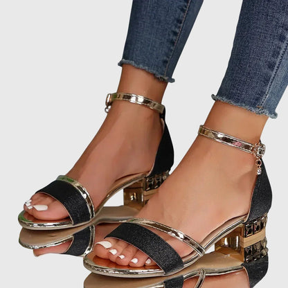 Comfortable Orthopedic Sandals for Women with Ankle Strap Block Heel Gold Trim Open Toe Dress Sandal Style