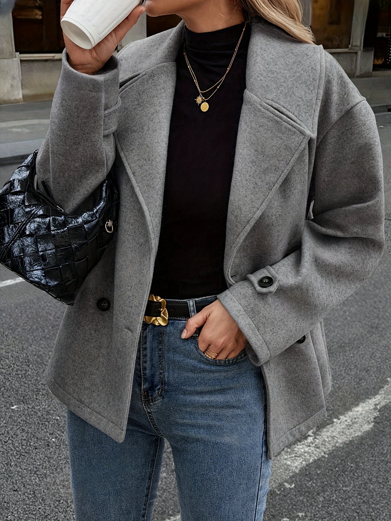 Elegant Dark Gray Wool High Pea Coat for Women with Notched Lapel Long Sleeve Double Breasted Oversized Style