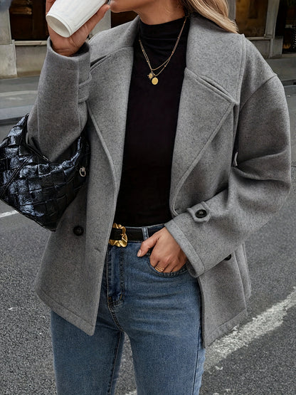 Elegant Dark Gray Wool High Pea Coat for Women with Notched Lapel Long Sleeve Double Breasted Oversized Style