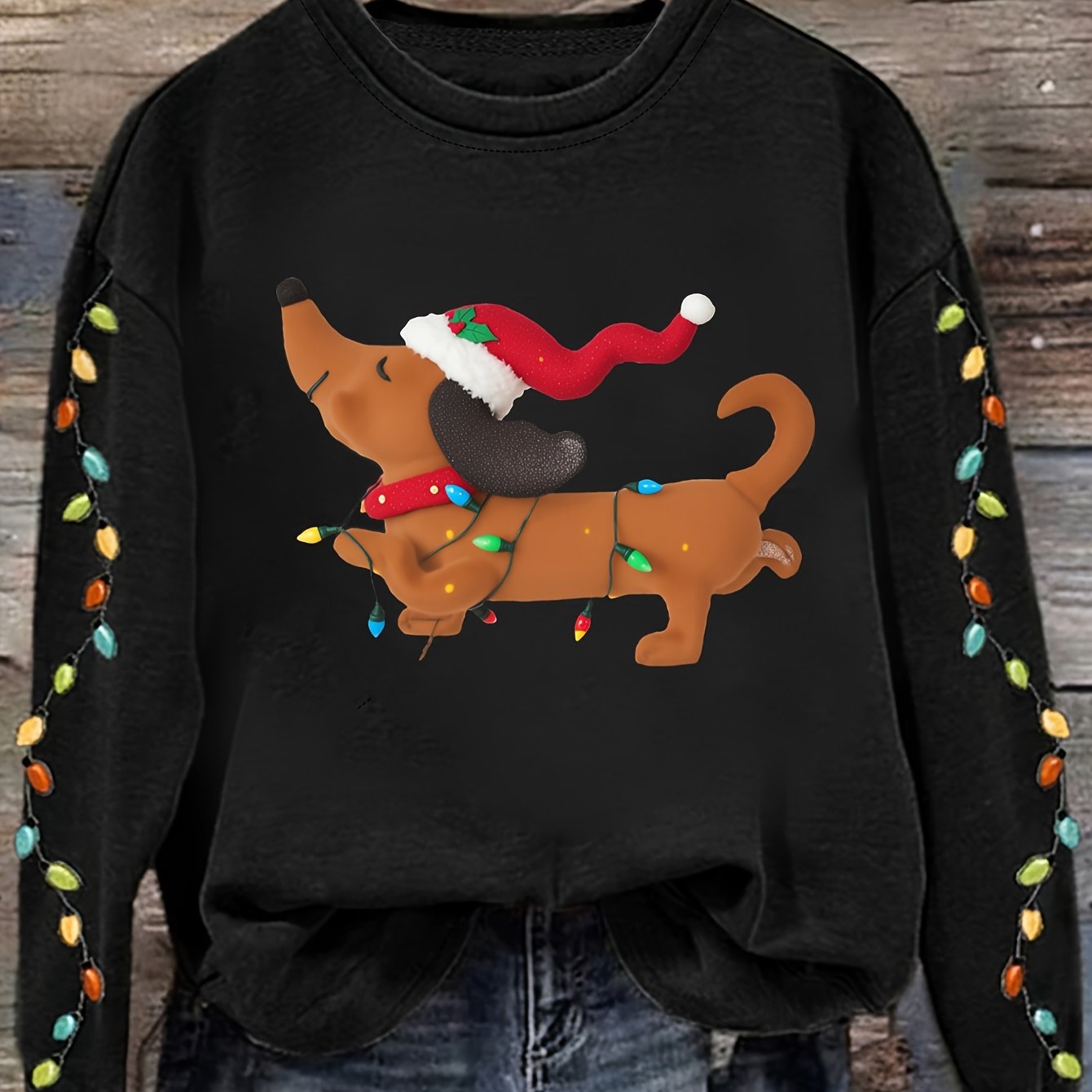 Comfortable Dachshund Santa Christmas Tacky Sweater for Women with Crew Neck Long Sleeve Relaxed Oversized Knit Style