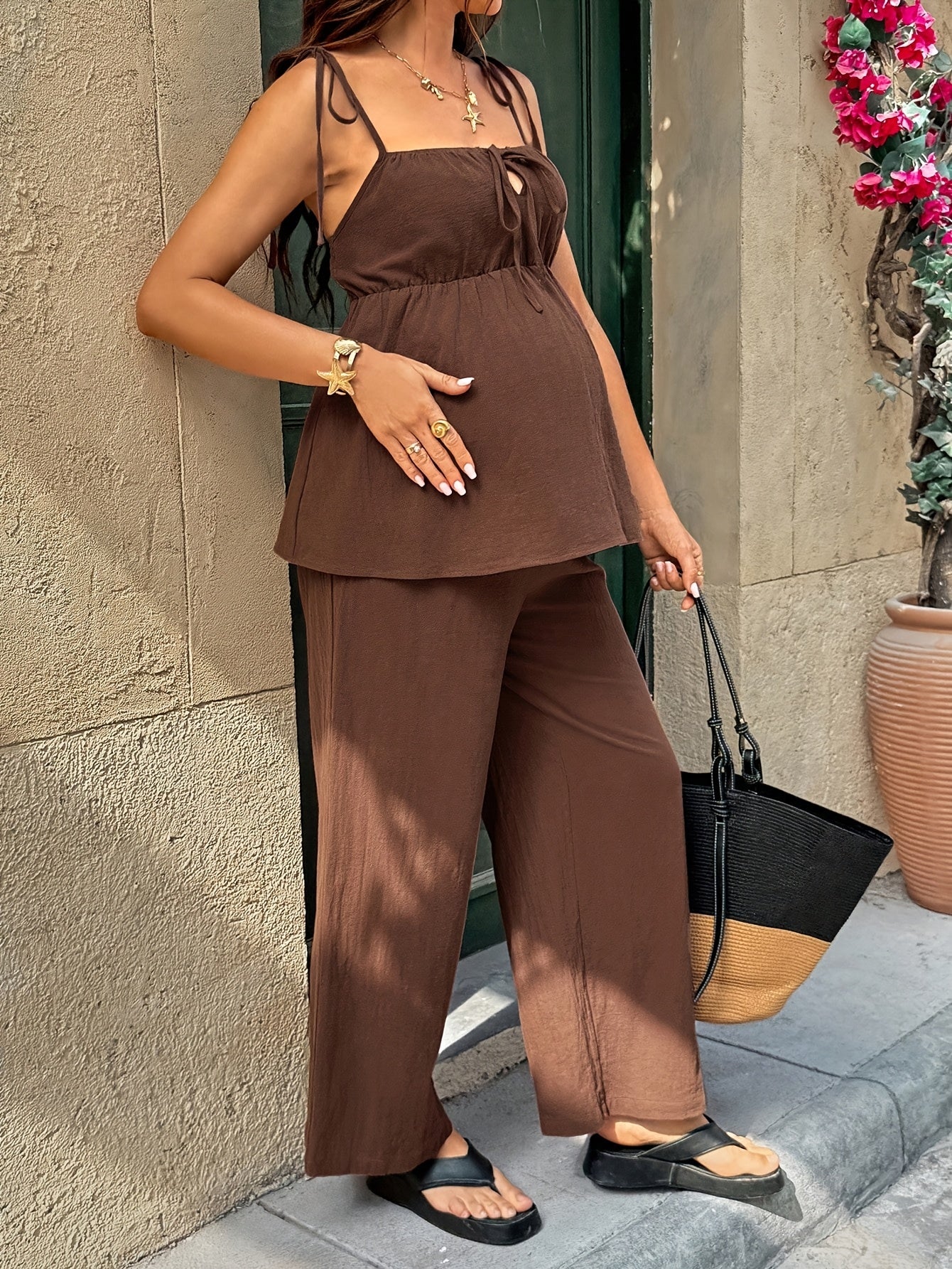 Comfortable Maternity Two Piece Set for Women with Spaghetti Strap Tie Back Tank Top Wide Leg Pants Casual Style