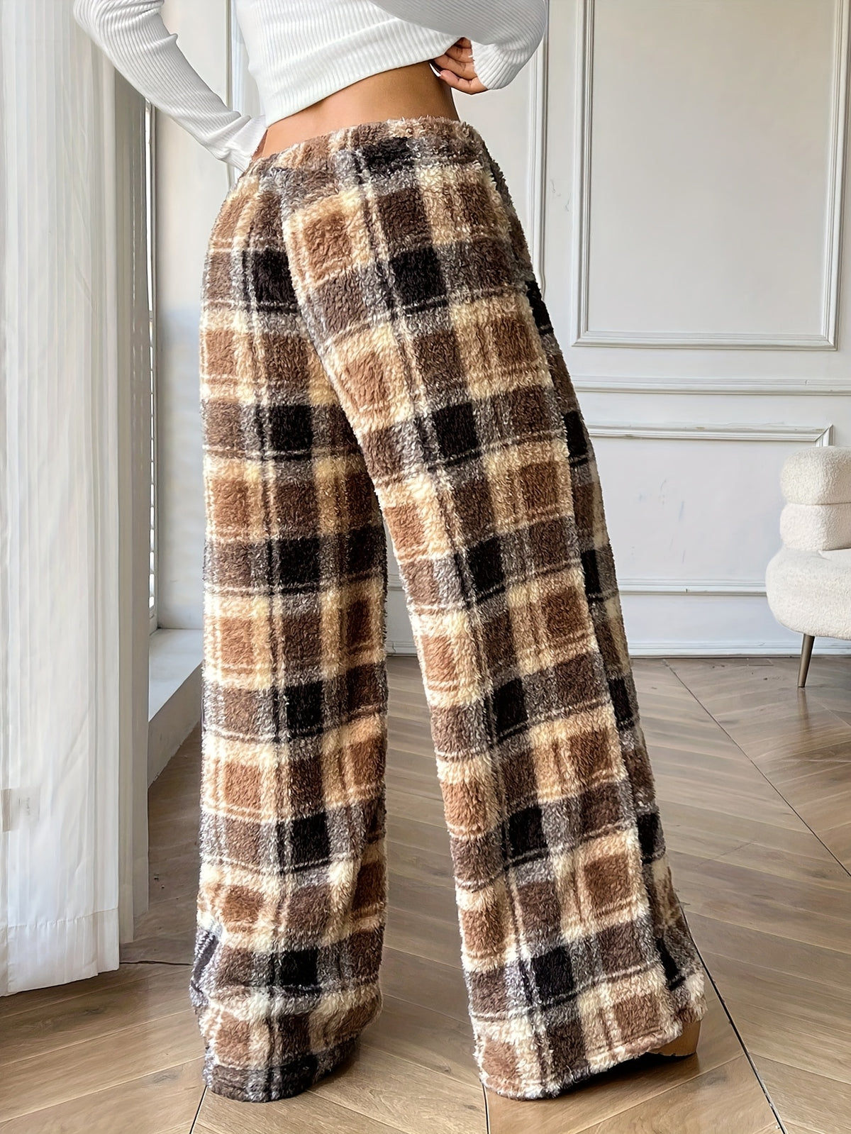 Warm Plaid Fleece Sweatpants for Women with Drawstring Waist Wide Leg Plush Lounge Style