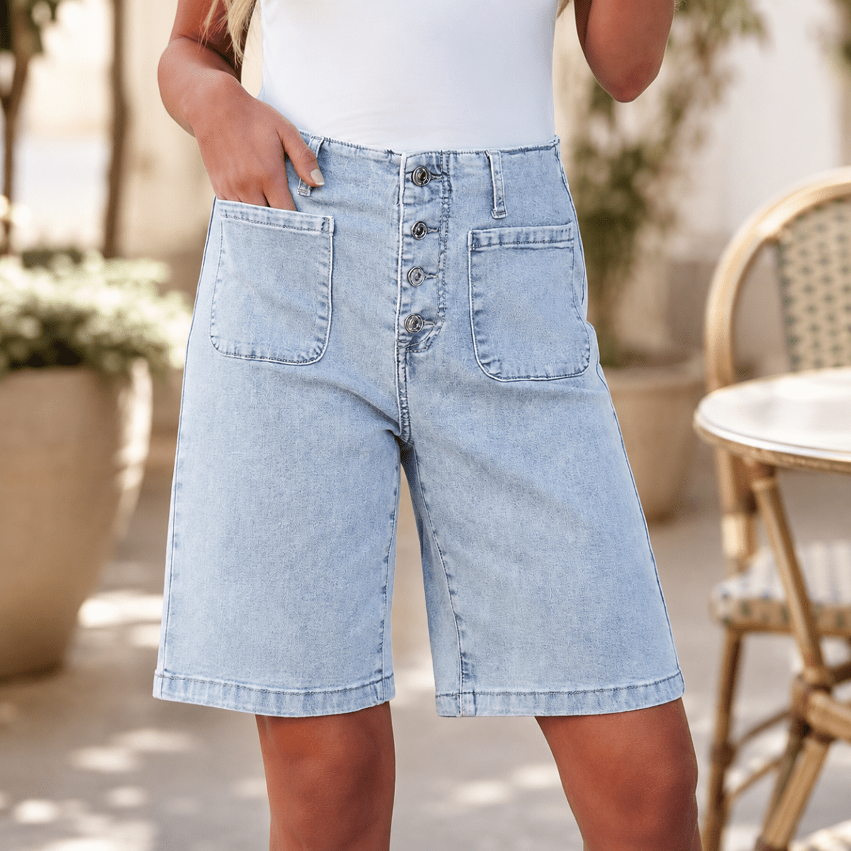 Effortless Denim Bermuda Shorts for Women with High Waist Button Front Patch Pocket Relaxed Casual Style
