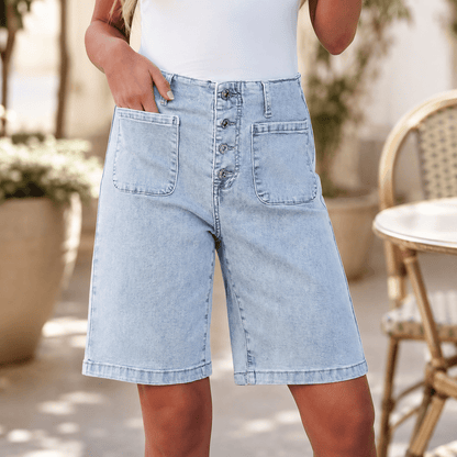 Effortless Denim Bermuda Shorts for Women with High Waist Button Front Patch Pocket Relaxed Casual Style