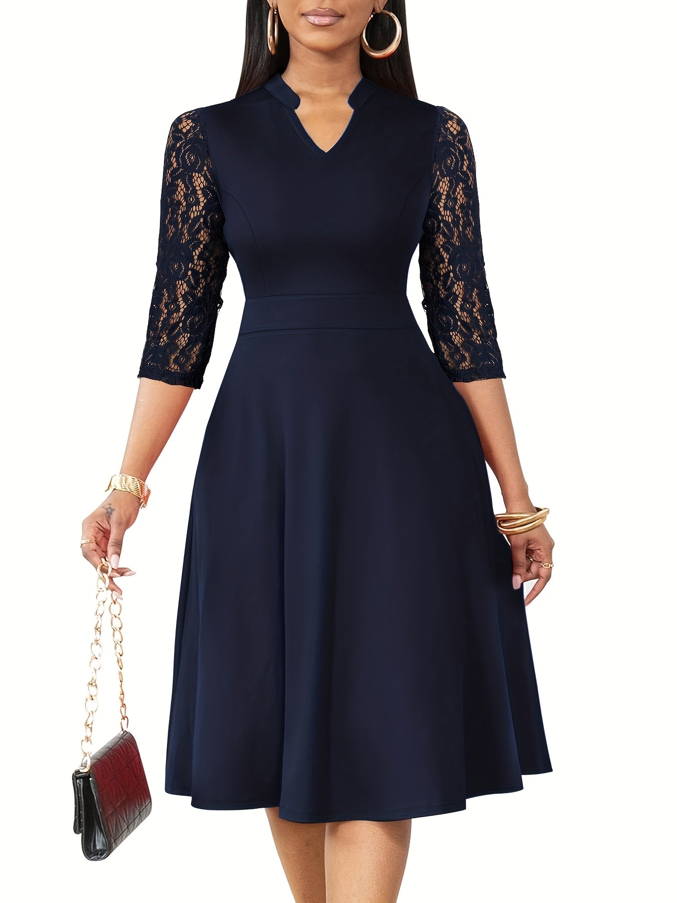 Elegant Lace Christmas Party Dress for Women with Notched Neck Three Quarter Sleeve Fit Flare Cocktail Style