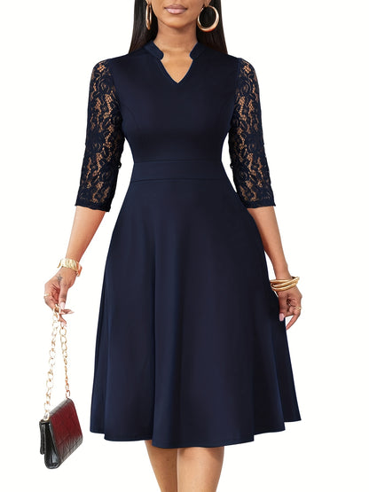 Elegant Lace Christmas Party Dress for Women with Notched Neck Three Quarter Sleeve Fit Flare Cocktail Style