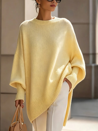 Comfortable Apricot Knit Fall Oversized Sweater for Women with Crew Neck Batwing Sleeve Ribbed Hem Relaxed Style
