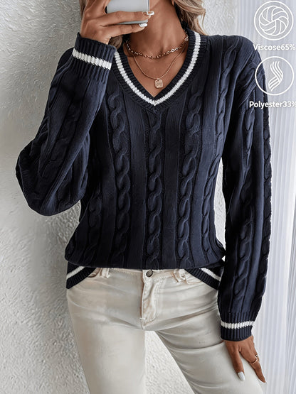 Comfortable Cable Knit Sweater for Women with V Neck Long Sleeve Striped Trim Relaxed Oversized Style