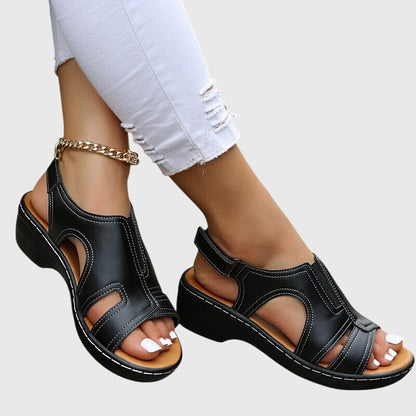 Comfortable Orthopedic Sandals for Women with Cutout Leather Upper Wedge Heel Slingback Open Toe Casual Style