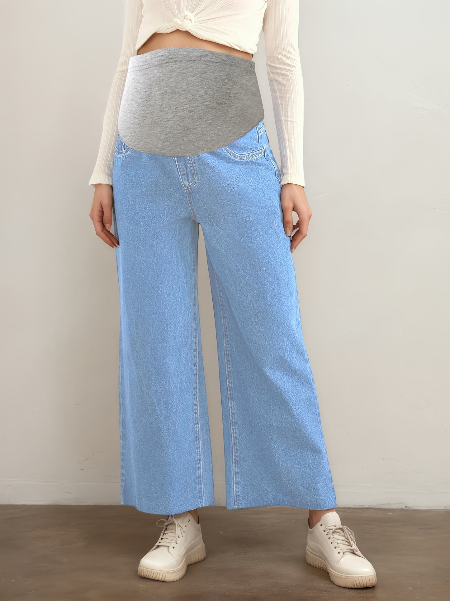 Effortless Blue Denim Maternity Jeans for Women with Wide Leg Belly Band Relaxed Casual Style