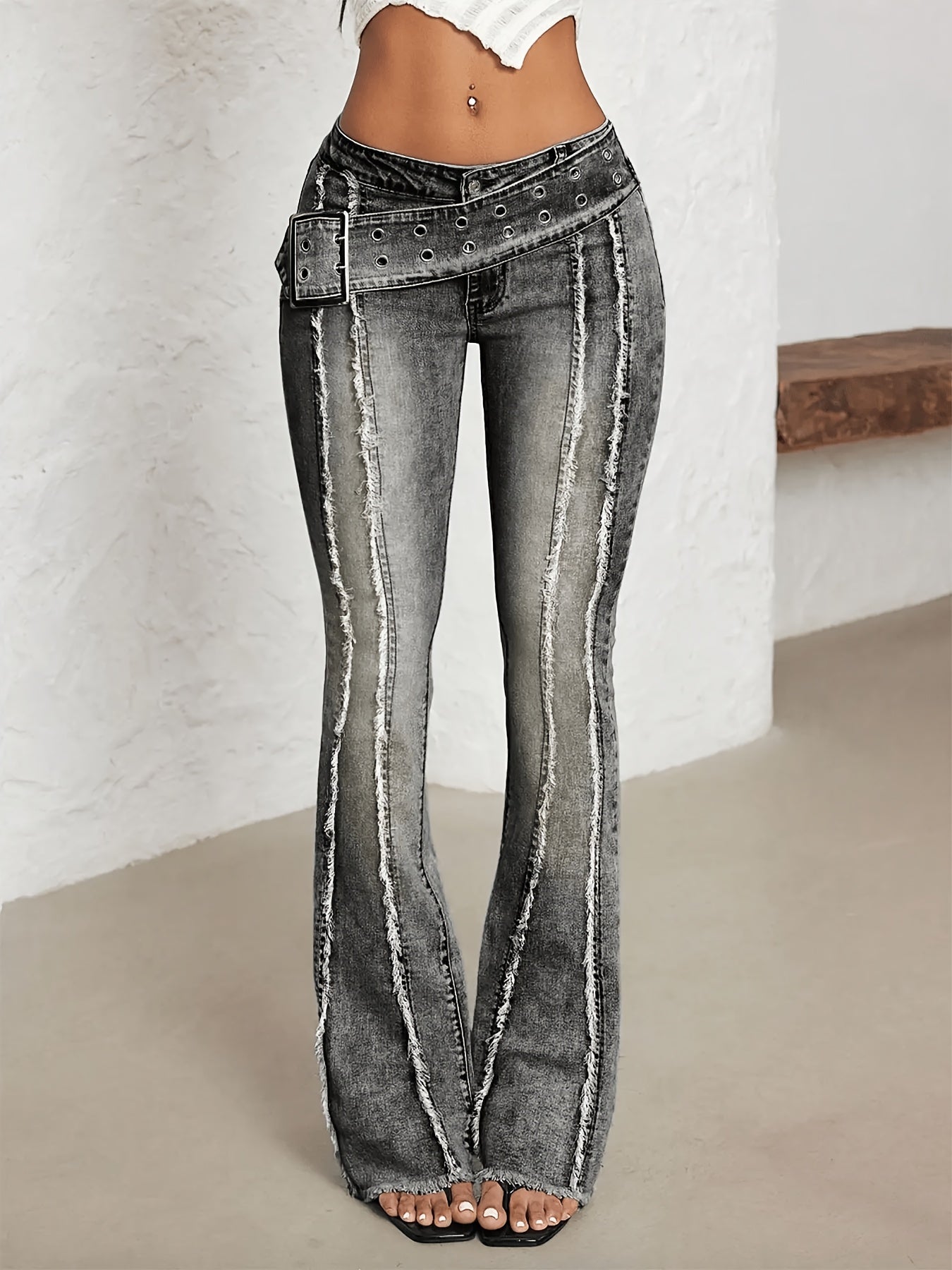Effortless Distressed Denim Buckle Jeans for Women with Low Rise Grommet Waist Flare Frayed Hem Style