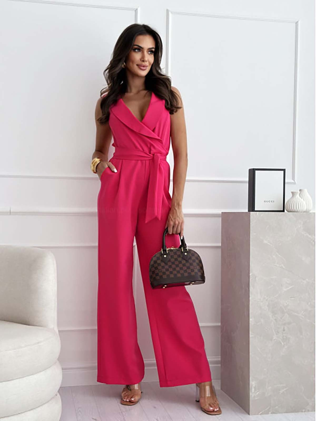 Elegant Wide Leg Jumpsuit for Women with Shawl Collar Sleeveless Wrap Belted Formal Style