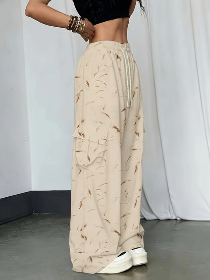 Effortless Camo Pants for Women with High Waist Drawstring Cargo Pocket Wide Leg Relaxed Style