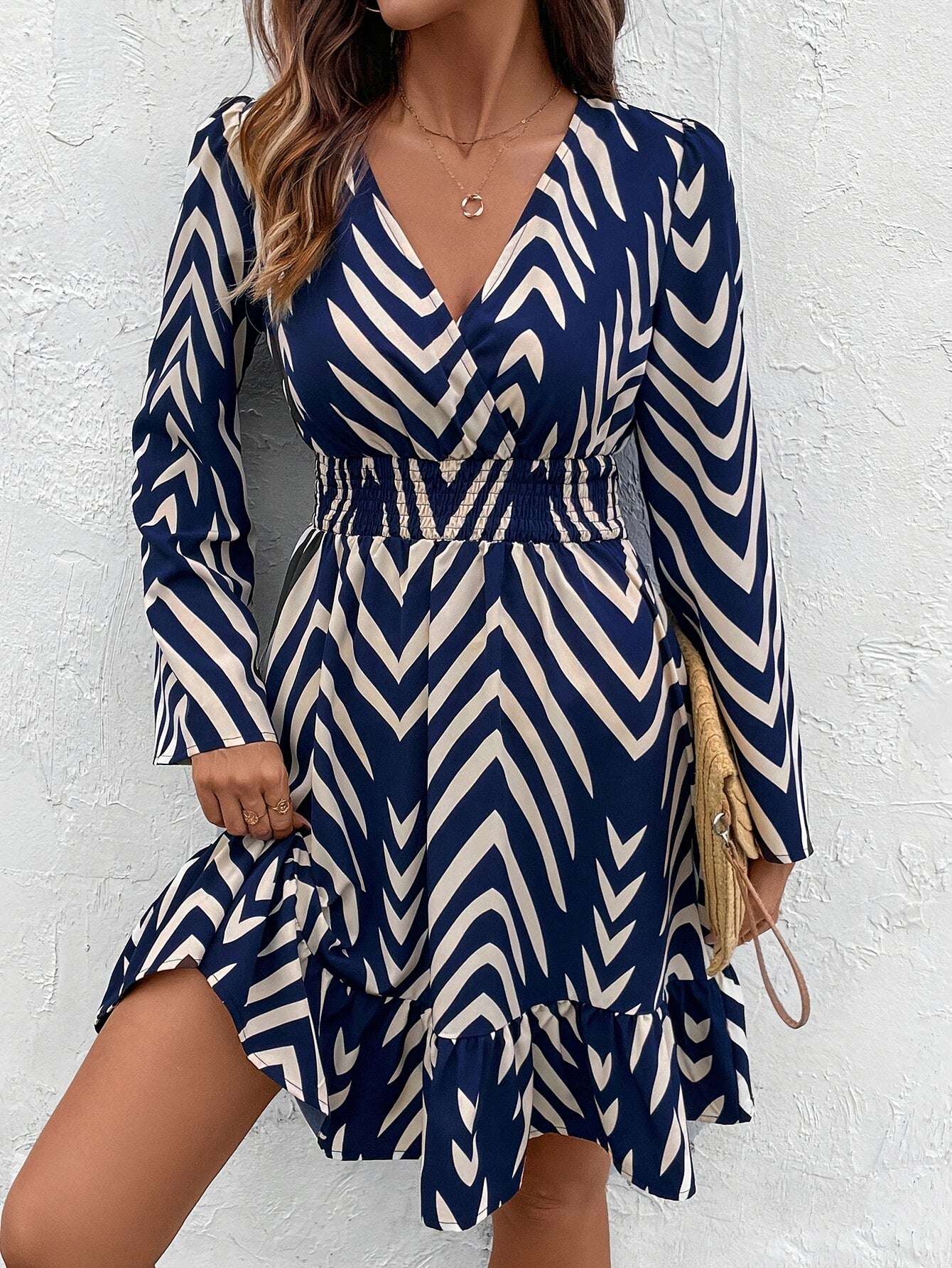Elegant Blue Chevron Print Wrap Dress for Women with V Neck Bell Sleeve Ruffle Hem Flowing Style
