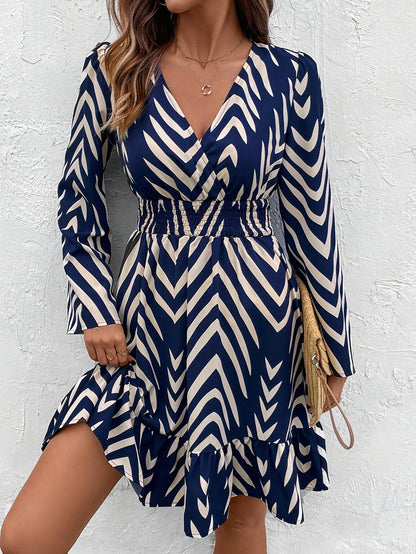 Elegant Blue Chevron Print Wrap Dress for Women with V Neck Bell Sleeve Ruffle Hem Flowing Style