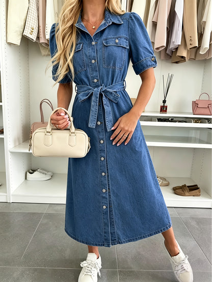 Effortless Blue Denim Dress for Women with Button Front Belted Puff Sleeve