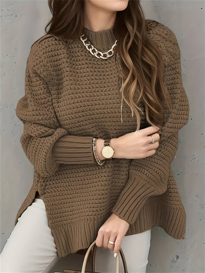 Comfortable Textured Knit Sweater for Women with Mock Neck Long Sleeve Ribbed Cuff Relaxed Oversized Style