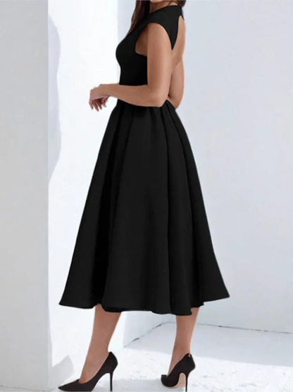 Elegant Midi Dress for Women with Round Neck Sleeveless Pleated Fit and Flare Formal Style