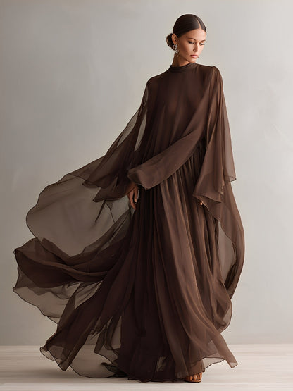 Elegant Brown Maxi Dress for Women with Turtleneck Cape Sleeve Flowing Chiffon Formal Wedding Guest Style